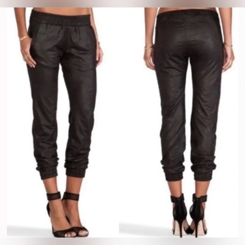 Monrow Black Brown Leather Look Joggers XS/S | Coated Faux Leather Pants